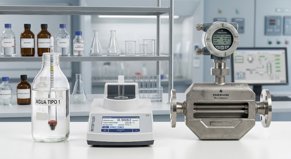 Densímetro de flotación, densímetro digital Mettler Toledo y medidor másico Coriolis Emerson en laboratorio