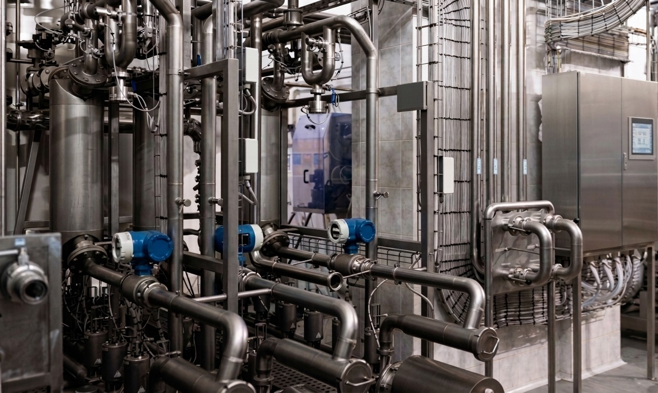 Instrumentación industrial de proceso con tuberías de acero inoxidable y transmisores de presión