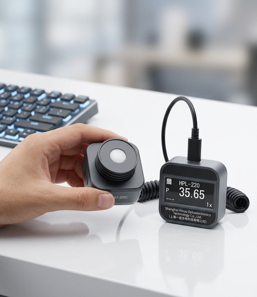 Luxómetro digital HPL-220 con sensor de luz remoto sostenido en mano durante calibración